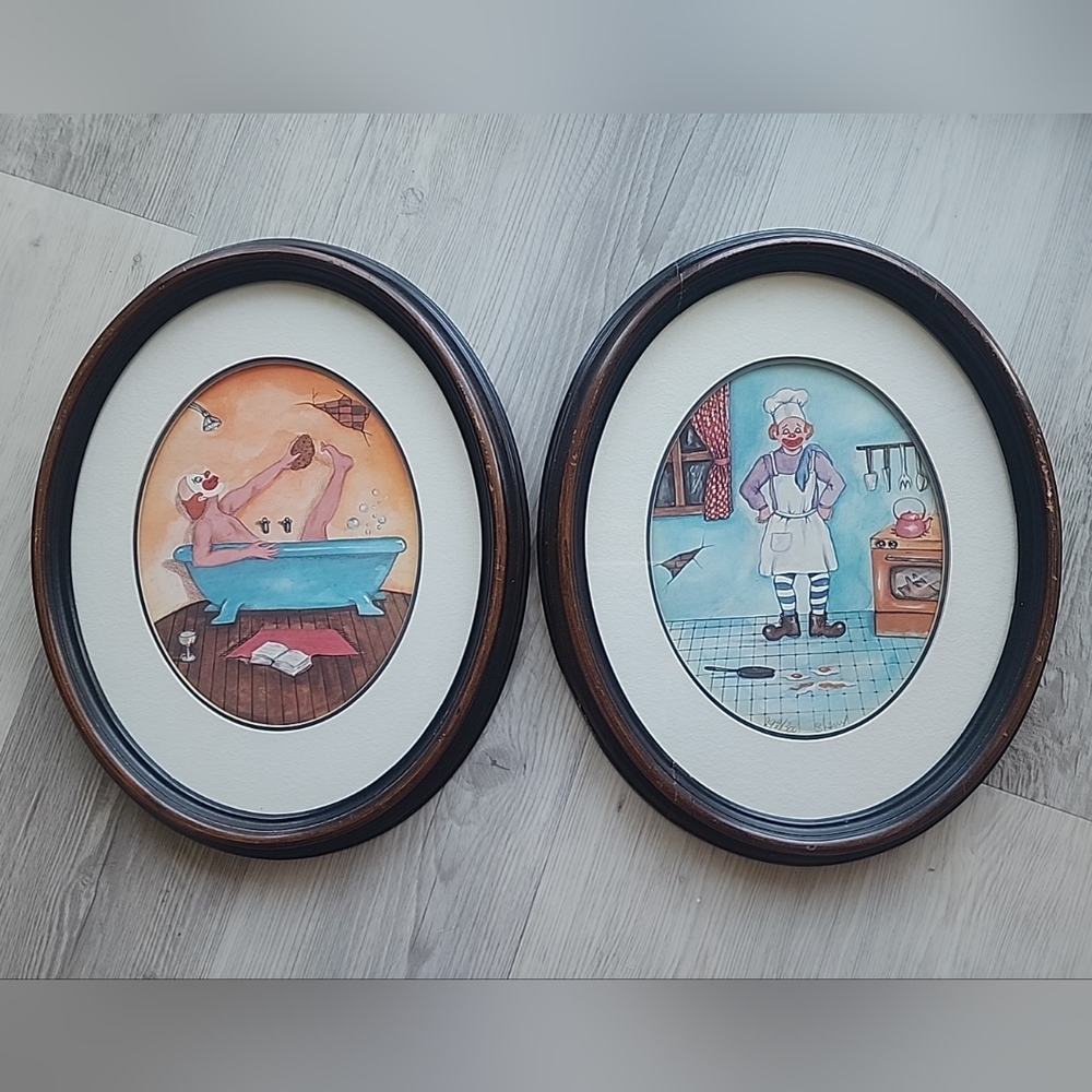 Vtg Clown Chef Signed  Numbered Clown Bathing Oval Frame Art Sherry? Set Of 2‎